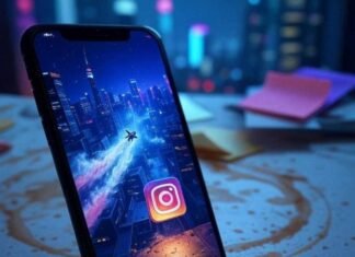 Top AI Reels Editor Apps for Viral Content: Create Stunning Short Videos Effortlessly A slightly blurred smartphone displaying a vibrant Instagram Reel with a pixelated rocket, placed on a cluttered desk with coffee stains and sticky notes, against a neon cityscape background.