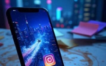 Top AI Reels Editor Apps for Viral Content: Create Stunning Short Videos Effortlessly A slightly blurred smartphone displaying a vibrant Instagram Reel with a pixelated rocket, placed on a cluttered desk with coffee stains and sticky notes, against a neon cityscape background.