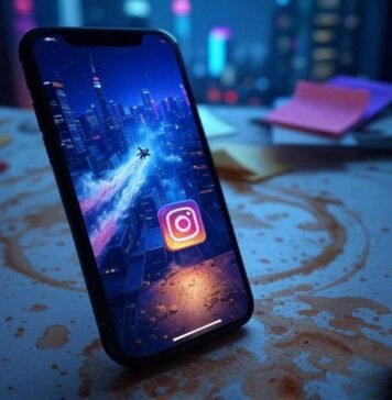 Top AI Reels Editor Apps for Viral Content: Create Stunning Short Videos Effortlessly A slightly blurred smartphone displaying a vibrant Instagram Reel with a pixelated rocket, placed on a cluttered desk with coffee stains and sticky notes, against a neon cityscape background.