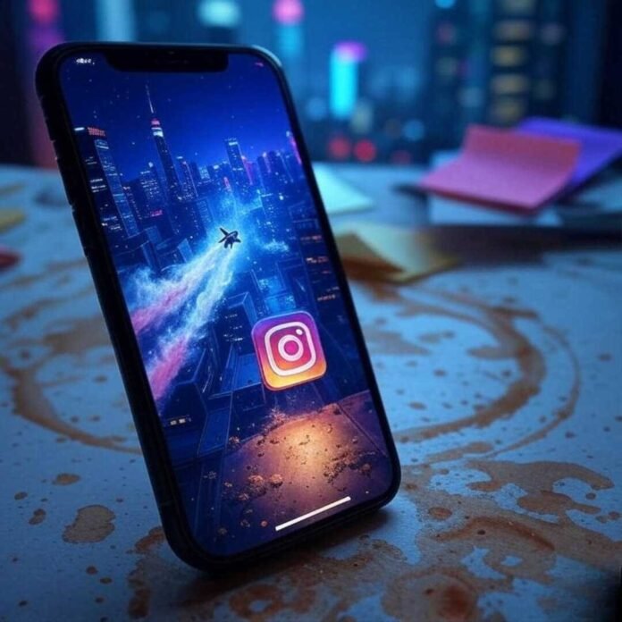 A slightly blurred smartphone displaying a vibrant Instagram Reel with a pixelated rocket, placed on a cluttered desk with coffee stains and sticky notes, against a neon cityscape background.