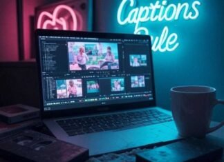 Add Captions to Your Videos Automatically With These AI Apps Messy Brooklyn desk vibes: laptop with auto-captions, a spilled coffee mug, retro VHS, and a flashing "Captions Rule" neon sign in muted pinks, teals, and yellows. Trying my best!