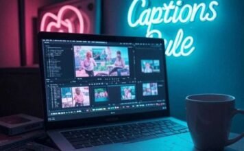 Add Captions to Your Videos Automatically With These AI Apps Messy Brooklyn desk vibes: laptop with auto-captions, a spilled coffee mug, retro VHS, and a flashing "Captions Rule" neon sign in muted pinks, teals, and yellows. Trying my best!