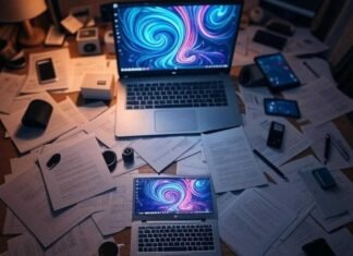 AI Animation Apps: Turn Boring Videos Into Art "Overhead view of a cluttered desk with a laptop showing vibrant AI art swirls, surrounded by papers and a coffee mug, in a dimly lit room, 1:1 ratio."