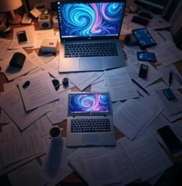 AI Animation Apps: Turn Boring Videos Into Art "Overhead view of a cluttered desk with a laptop showing vibrant AI art swirls, surrounded by papers and a coffee mug, in a dimly lit room, 1:1 ratio."