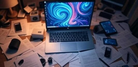AI Animation Apps: Turn Boring Videos Into Art "Overhead view of a cluttered desk with a laptop showing vibrant AI art swirls, surrounded by papers and a coffee mug, in a dimly lit room, 1:1 ratio."