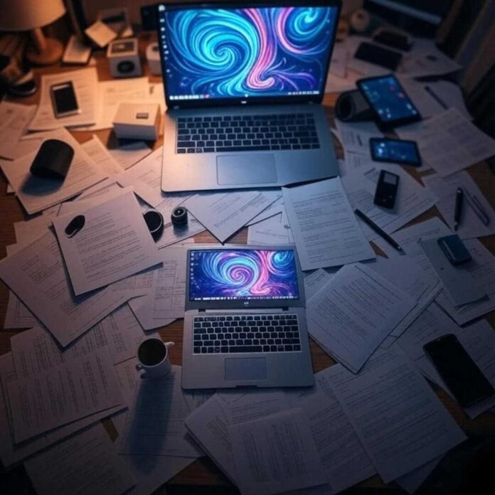 "Overhead view of a cluttered desk with a laptop showing vibrant AI art swirls, surrounded by papers and a coffee mug, in a dimly lit room, 1:1 ratio."