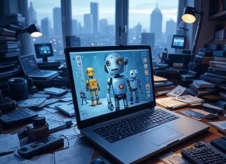 Create Talking Avatars With These Fun AI Video Tools Alt Text: "Impressionistic view of a chaotic Seattle desk with a tilted laptop showing quirky robot avatars, 1:1 ratio."
