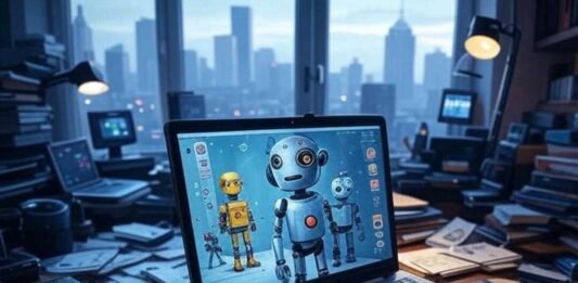 Create Talking Avatars With These Fun AI Video Tools Alt Text: "Impressionistic view of a chaotic Seattle desk with a tilted laptop showing quirky robot avatars, 1:1 ratio."