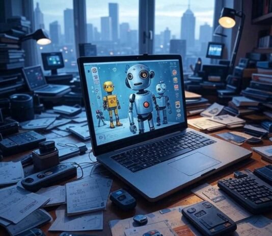 Create Talking Avatars With These Fun AI Video Tools Alt Text: "Impressionistic view of a chaotic Seattle desk with a tilted laptop showing quirky robot avatars, 1:1 ratio."