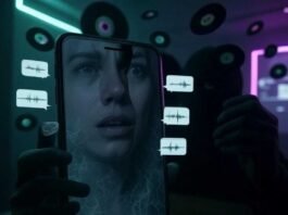 Scarily Real AI Voice Changer Apps: Sound Like Anyone Instantly! A shadowy figure holds a glowing smartphone in a dimly lit room, its screen displaying a distorted human face morphing into a celebrity's, surrounded by eerie neon-green speech bubbles with audio waveforms. Floating vinyl records turn into digital pixels, blending cyberpunk neon purples and deep blacks with a wryly humorous yet unnerving tone.