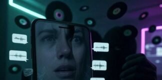 Scarily Real AI Voice Changer Apps: Sound Like Anyone Instantly! A shadowy figure holds a glowing smartphone in a dimly lit room, its screen displaying a distorted human face morphing into a celebrity's, surrounded by eerie neon-green speech bubbles with audio waveforms. Floating vinyl records turn into digital pixels, blending cyberpunk neon purples and deep blacks with a wryly humorous yet unnerving tone.