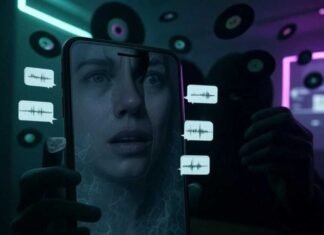 Scarily Real AI Voice Changer Apps: Sound Like Anyone Instantly! A shadowy figure holds a glowing smartphone in a dimly lit room, its screen displaying a distorted human face morphing into a celebrity's, surrounded by eerie neon-green speech bubbles with audio waveforms. Floating vinyl records turn into digital pixels, blending cyberpunk neon purples and deep blacks with a wryly humorous yet unnerving tone.