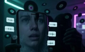 Scarily Real AI Voice Changer Apps: Sound Like Anyone Instantly! A shadowy figure holds a glowing smartphone in a dimly lit room, its screen displaying a distorted human face morphing into a celebrity's, surrounded by eerie neon-green speech bubbles with audio waveforms. Floating vinyl records turn into digital pixels, blending cyberpunk neon purples and deep blacks with a wryly humorous yet unnerving tone.