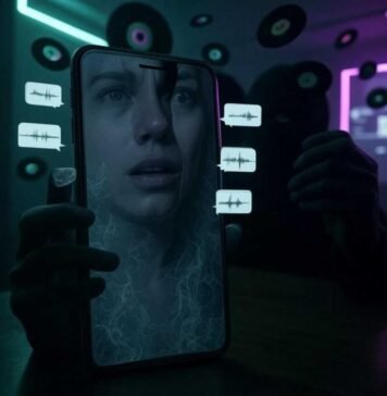 Scarily Real AI Voice Changer Apps: Sound Like Anyone Instantly! A shadowy figure holds a glowing smartphone in a dimly lit room, its screen displaying a distorted human face morphing into a celebrity's, surrounded by eerie neon-green speech bubbles with audio waveforms. Floating vinyl records turn into digital pixels, blending cyberpunk neon purples and deep blacks with a wryly humorous yet unnerving tone.