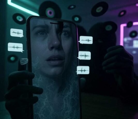 Scarily Real AI Voice Changer Apps: Sound Like Anyone Instantly! A shadowy figure holds a glowing smartphone in a dimly lit room, its screen displaying a distorted human face morphing into a celebrity's, surrounded by eerie neon-green speech bubbles with audio waveforms. Floating vinyl records turn into digital pixels, blending cyberpunk neon purples and deep blacks with a wryly humorous yet unnerving tone.