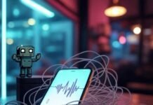 Best Text-to-Speech Apps: Natural AI Voices That Truly Speak to You A glowing smartphone with a speech waveform display sits on a table, surrounded by quirkily tangled earbuds, in a neon-lit coffee shop with a blurred window. A pixelated robot waves from the corner, set against a muted palette of electric teal, soft magenta, and smoky gray.