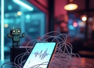 Best Text-to-Speech Apps: Natural AI Voices That Truly Speak to You A glowing smartphone with a speech waveform display sits on a table, surrounded by quirkily tangled earbuds, in a neon-lit coffee shop with a blurred window. A pixelated robot waves from the corner, set against a muted palette of electric teal, soft magenta, and smoky gray.