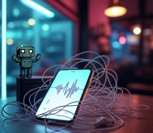 Best Text-to-Speech Apps: Natural AI Voices That Truly Speak to You A glowing smartphone with a speech waveform display sits on a table, surrounded by quirkily tangled earbuds, in a neon-lit coffee shop with a blurred window. A pixelated robot waves from the corner, set against a muted palette of electric teal, soft magenta, and smoky gray.