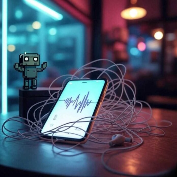A glowing smartphone with a speech waveform display sits on a table, surrounded by quirkily tangled earbuds, in a neon-lit coffee shop with a blurred window. A pixelated robot waves from the corner, set against a muted palette of electric teal, soft magenta, and smoky gray.