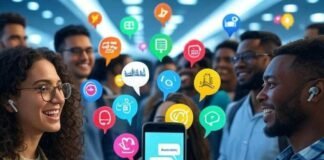 Real-Time Voice Translation Apps You Can Use Globally Alt text: "Diverse group chatting in a bustling airport with a smartphone showing multilingual speech bubbles and earbuds emitting Eiffel Tower icons."