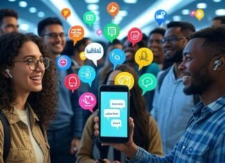 Real-Time Voice Translation Apps You Can Use Globally Alt text: "Diverse group chatting in a bustling airport with a smartphone showing multilingual speech bubbles and earbuds emitting Eiffel Tower icons."