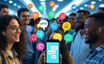 Real-Time Voice Translation Apps You Can Use Globally Alt text: "Diverse group chatting in a bustling airport with a smartphone showing multilingual speech bubbles and earbuds emitting Eiffel Tower icons."