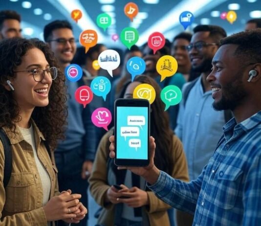 Real-Time Voice Translation Apps You Can Use Globally Alt text: "Diverse group chatting in a bustling airport with a smartphone showing multilingual speech bubbles and earbuds emitting Eiffel Tower icons."