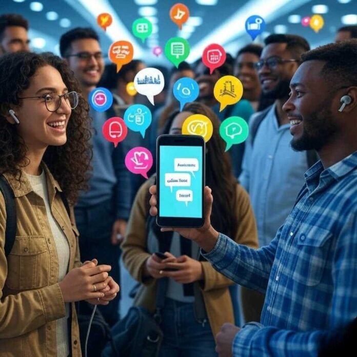 Alt text: "Diverse group chatting in a bustling airport with a smartphone showing multilingual speech bubbles and earbuds emitting Eiffel Tower icons."
