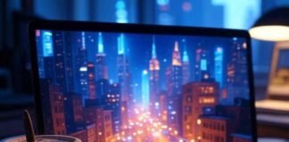 Create Stunning AI Avatars That Look Just Like You Laptop screen glowing with neon cyberpunk cityscape, messy coffee cup with pixelated paintbrush sticker in foreground, Brooklyn night reflection.