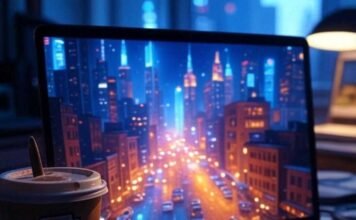 Create Stunning AI Avatars That Look Just Like You Laptop screen glowing with neon cyberpunk cityscape, messy coffee cup with pixelated paintbrush sticker in foreground, Brooklyn night reflection.