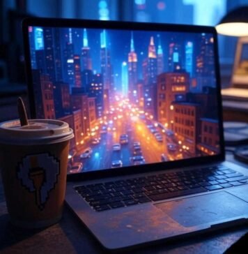 Create Stunning AI Avatars That Look Just Like You Laptop screen glowing with neon cyberpunk cityscape, messy coffee cup with pixelated paintbrush sticker in foreground, Brooklyn night reflection.
