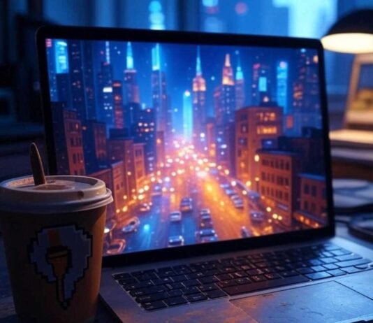 Create Stunning AI Avatars That Look Just Like You Laptop screen glowing with neon cyberpunk cityscape, messy coffee cup with pixelated paintbrush sticker in foreground, Brooklyn night reflection.