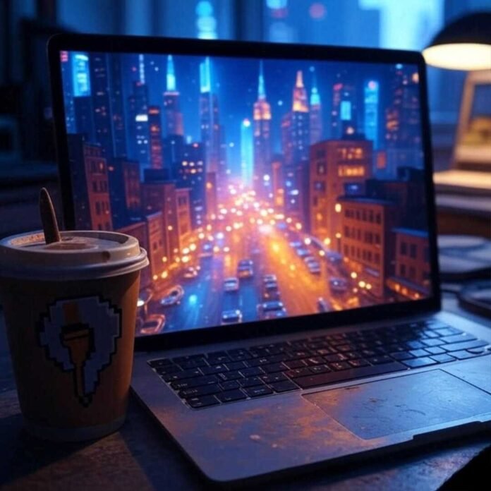 Laptop screen glowing with neon cyberpunk cityscape, messy coffee cup with pixelated paintbrush sticker in foreground, Brooklyn night reflection.