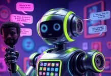 Generate Celebrity Voices With These Viral AI Apps A wryly humorous, slightly blurred photorealistic image of a cartoonish AI robot holding a microphone shaped like a celebrity's head, surrounded by floating speech bubbles with famous quotes and a smartphone screen with app icons, featuring neon green, electric blue, and hot pink colors, with tiny celebrity sunglasses scattered around.