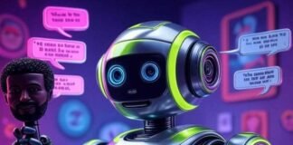 Generate Celebrity Voices With These Viral AI Apps A wryly humorous, slightly blurred photorealistic image of a cartoonish AI robot holding a microphone shaped like a celebrity's head, surrounded by floating speech bubbles with famous quotes and a smartphone screen with app icons, featuring neon green, electric blue, and hot pink colors, with tiny celebrity sunglasses scattered around.