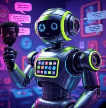 Generate Celebrity Voices With These Viral AI Apps A wryly humorous, slightly blurred photorealistic image of a cartoonish AI robot holding a microphone shaped like a celebrity's head, surrounded by floating speech bubbles with famous quotes and a smartphone screen with app icons, featuring neon green, electric blue, and hot pink colors, with tiny celebrity sunglasses scattered around.