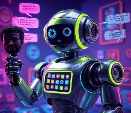 Generate Celebrity Voices With These Viral AI Apps A wryly humorous, slightly blurred photorealistic image of a cartoonish AI robot holding a microphone shaped like a celebrity's head, surrounded by floating speech bubbles with famous quotes and a smartphone screen with app icons, featuring neon green, electric blue, and hot pink colors, with tiny celebrity sunglasses scattered around.