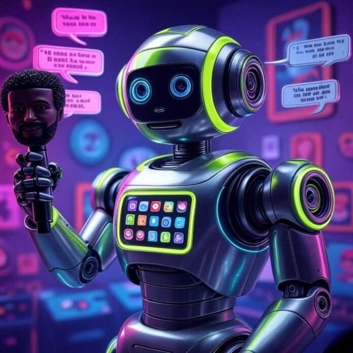 A wryly humorous, slightly blurred photorealistic image of a cartoonish AI robot holding a microphone shaped like a celebrity's head, surrounded by floating speech bubbles with famous quotes and a smartphone screen with app icons, featuring neon green, electric blue, and hot pink colors, with tiny celebrity sunglasses scattered around.