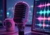 Streamline Your Sound: Top AI Tools for Podcast Editing A retro microphone with a neon pink outline glows softly beside a laptop displaying colorful audio waveforms, with a coffee mug featuring a quirky podcast logo, all set against a dreamy, muted purple and teal background with subtle glitch effects.