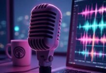 Streamline Your Sound: Top AI Tools for Podcast Editing A retro microphone with a neon pink outline glows softly beside a laptop displaying colorful audio waveforms, with a coffee mug featuring a quirky podcast logo, all set against a dreamy, muted purple and teal background with subtle glitch effects.