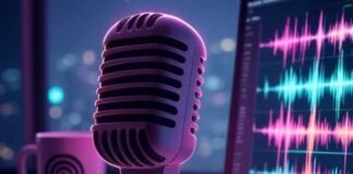 Streamline Your Sound: Top AI Tools for Podcast Editing A retro microphone with a neon pink outline glows softly beside a laptop displaying colorful audio waveforms, with a coffee mug featuring a quirky podcast logo, all set against a dreamy, muted purple and teal background with subtle glitch effects.