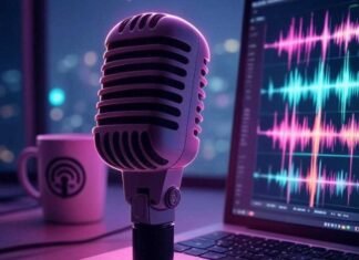Streamline Your Sound: Top AI Tools for Podcast Editing A retro microphone with a neon pink outline glows softly beside a laptop displaying colorful audio waveforms, with a coffee mug featuring a quirky podcast logo, all set against a dreamy, muted purple and teal background with subtle glitch effects.