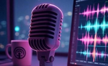Streamline Your Sound: Top AI Tools for Podcast Editing A retro microphone with a neon pink outline glows softly beside a laptop displaying colorful audio waveforms, with a coffee mug featuring a quirky podcast logo, all set against a dreamy, muted purple and teal background with subtle glitch effects.