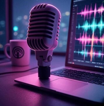 Streamline Your Sound: Top AI Tools for Podcast Editing A retro microphone with a neon pink outline glows softly beside a laptop displaying colorful audio waveforms, with a coffee mug featuring a quirky podcast logo, all set against a dreamy, muted purple and teal background with subtle glitch effects.