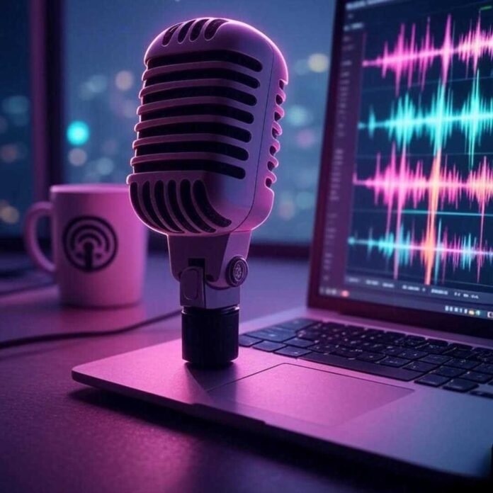 A retro microphone with a neon pink outline glows softly beside a laptop displaying colorful audio waveforms, with a coffee mug featuring a quirky podcast logo, all set against a dreamy, muted purple and teal background with subtle glitch effects.