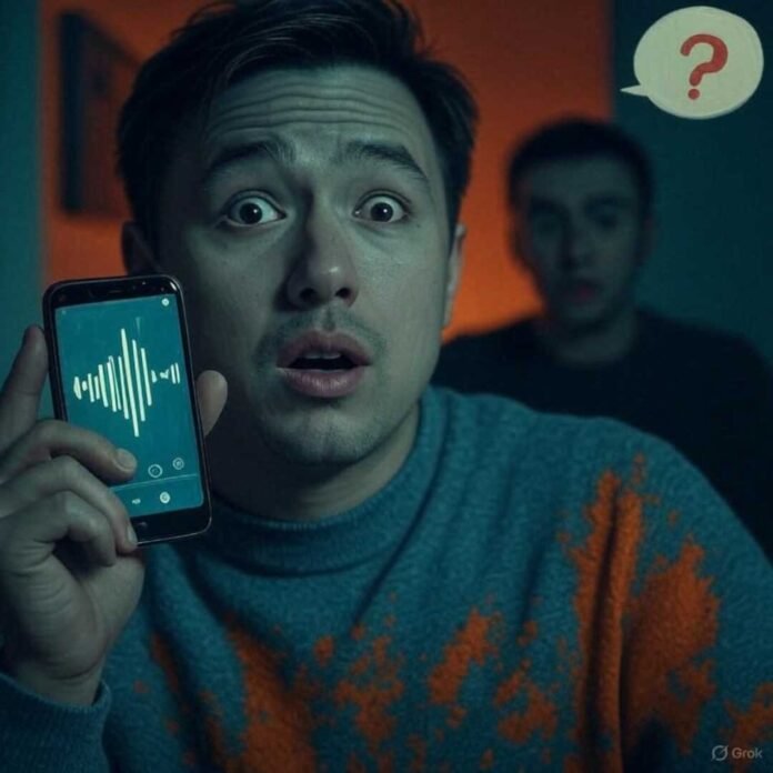 Alt text: A surprised person holding a smartphone with a voice waveform, a shadowy figure mimicking in the background, and a question mark speech bubble, in a teal and burnt orange photorealistic-impressionistic style.