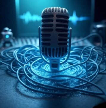 AI Audio Enhancer: Instantly Fix Bad Recordings & Sound Like a Pro! Alt text: A glowing vintage microphone half-submerged in digital blue light, surrounded by tangled audio cables forming a heart shape, with a faint soundwave in the background. A tiny cartoon robot adjusts a mixing board, set against a dreamy, blurred backdrop with neon teal, dusty coral, and midnight blue tones. Caption: “The magic of AI audio enhancers, turning chaos into clarity.”