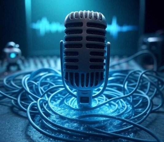 AI Audio Enhancer: Instantly Fix Bad Recordings & Sound Like a Pro! Alt text: A glowing vintage microphone half-submerged in digital blue light, surrounded by tangled audio cables forming a heart shape, with a faint soundwave in the background. A tiny cartoon robot adjusts a mixing board, set against a dreamy, blurred backdrop with neon teal, dusty coral, and midnight blue tones. Caption: “The magic of AI audio enhancers, turning chaos into clarity.”