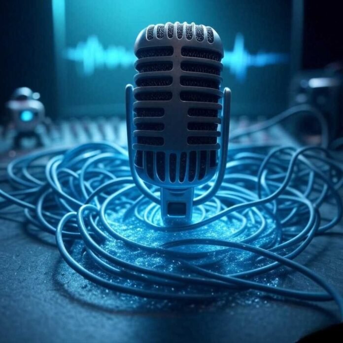 Alt text: A glowing vintage microphone half-submerged in digital blue light, surrounded by tangled audio cables forming a heart shape, with a faint soundwave in the background. A tiny cartoon robot adjusts a mixing board, set against a dreamy, blurred backdrop with neon teal, dusty coral, and midnight blue tones. Caption: “The magic of AI audio enhancers, turning chaos into clarity.”
