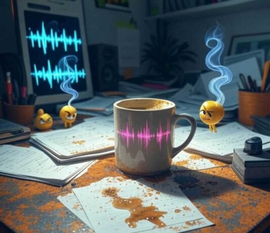 Remove Background Noise in Real-Time with These Apps A messy home office desk with a spilled coffee mug, a phone displaying fading audio waveforms, ghostly car horn visuals dissolving, and cartoon earplugs dancing mischievously, styled with glitch-art edges, neon greens, muted grays, and rusty oranges.